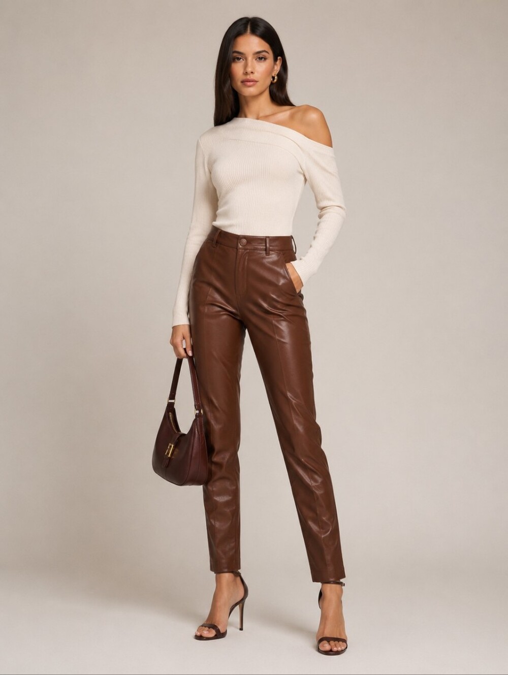 Zara brown faux leather high waist slim pants size S